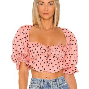 For Love & Lemons Keeley Crop Top Blouse in Pink and Black Polka Dot